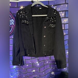 Black Pearl-Studded Denim Jacket - Womens Medium